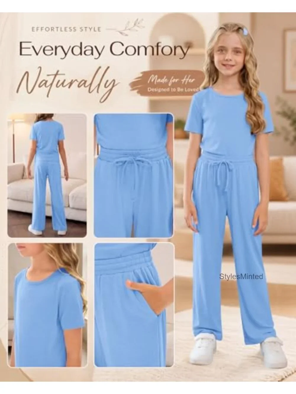 Girls 2 Piece Summer Outfit Set, Tween Crew Neck Top & Drawstring Pants with